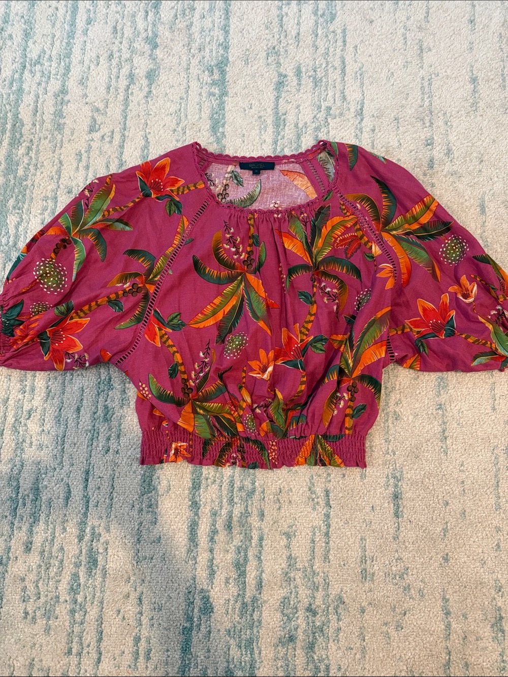 Rachel Roy-Women's Magenta Tropical Print Smocked Hem Top